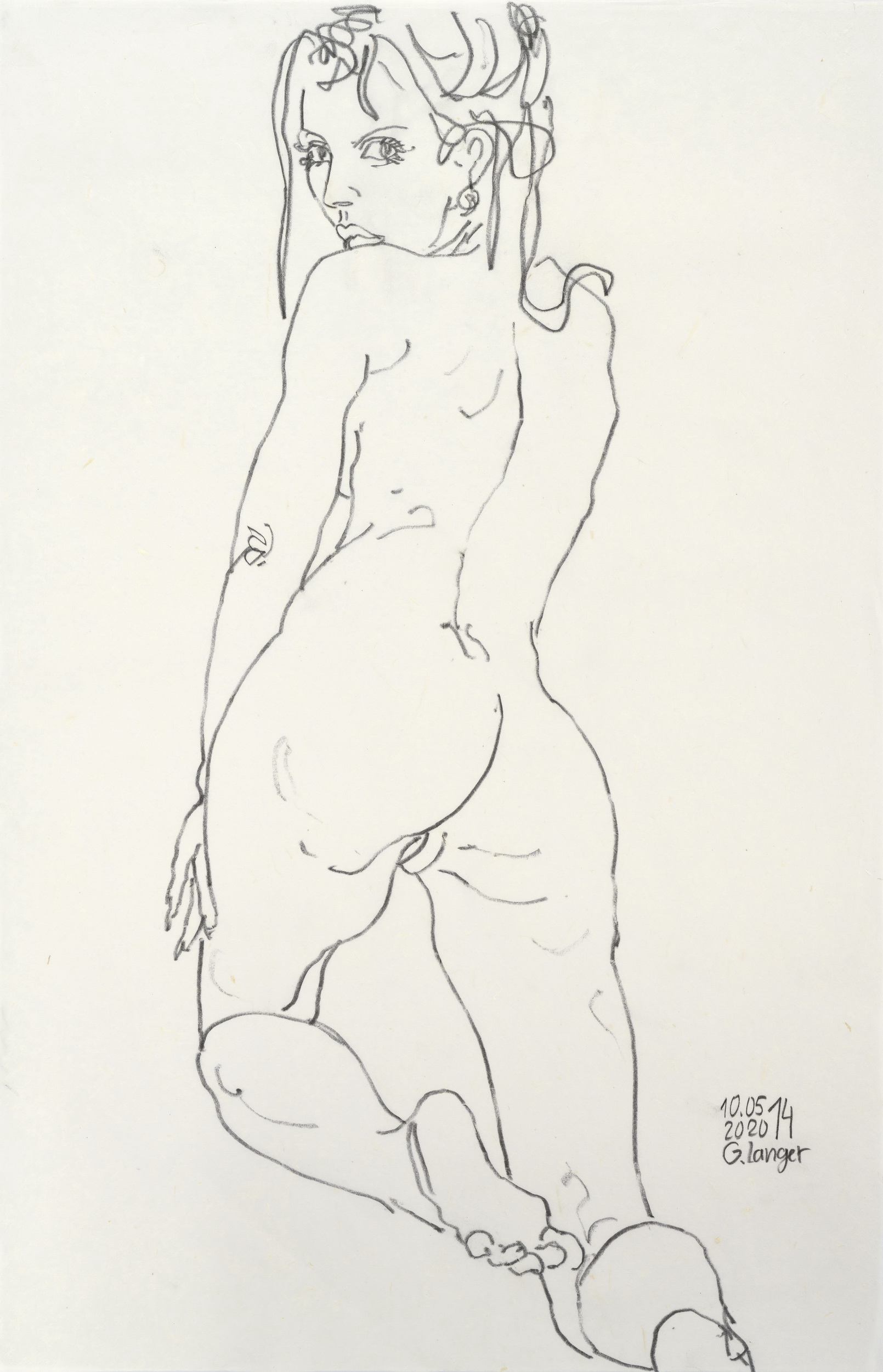 Gunter Langer, Kniender Mädchenakt, 2020, Japanpapier, 70 x 46 cm